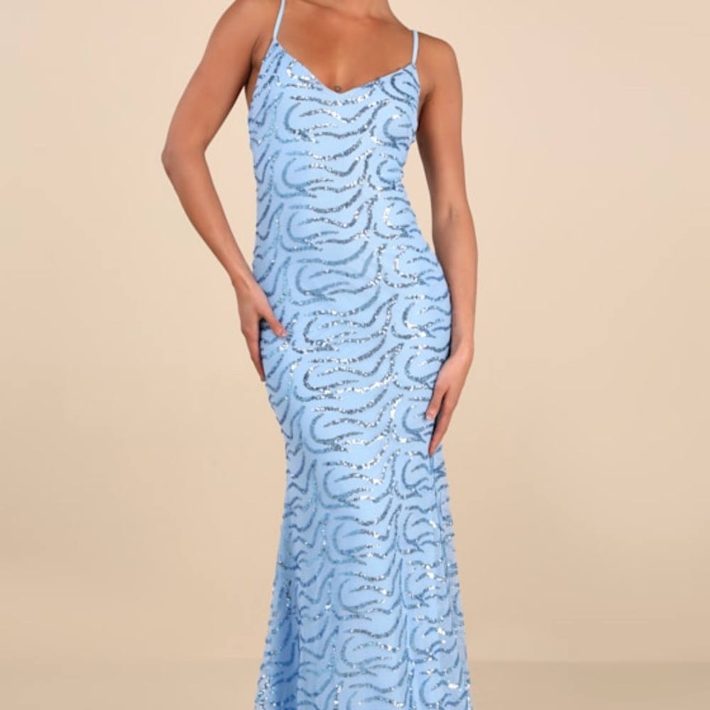 Lulus Mesmerizing Demeanor Blue Sequin Backless Mermaid Maxi Dress - Size S‎